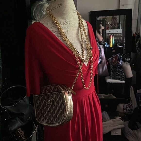 Flutter-sleeve red hot plus size twist back midi pleated gathered dress/ 3/4 - Picture 1 of 11